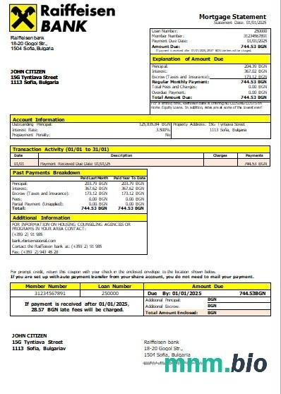 Bułgaria Bank Raiffeisen wyciąg z kredytu hipotecznego szablon Word i PDF